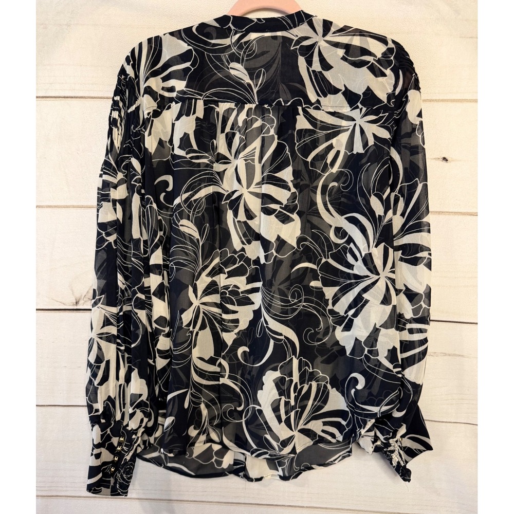 Chicos Navy White Floral Print Sheer Button Front Long Sleeve Blouse Top Size 16 - Picture 6 of 7